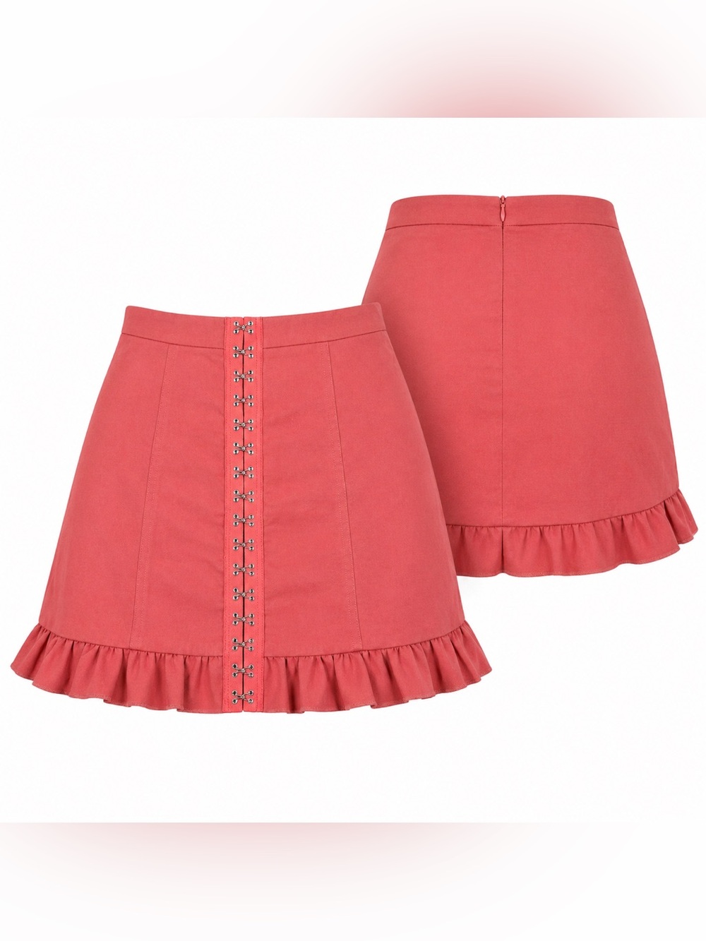 Showpo Coral Pink Ruffle Hem Mini Skirt with Front Hook Detail